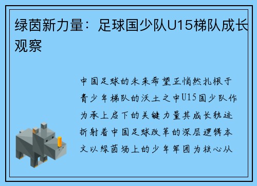 绿茵新力量：足球国少队U15梯队成长观察