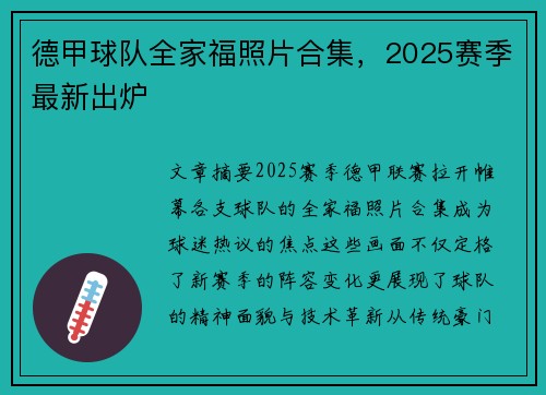 德甲球队全家福照片合集，2025赛季最新出炉