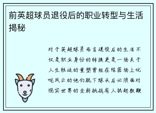 前英超球员退役后的职业转型与生活揭秘
